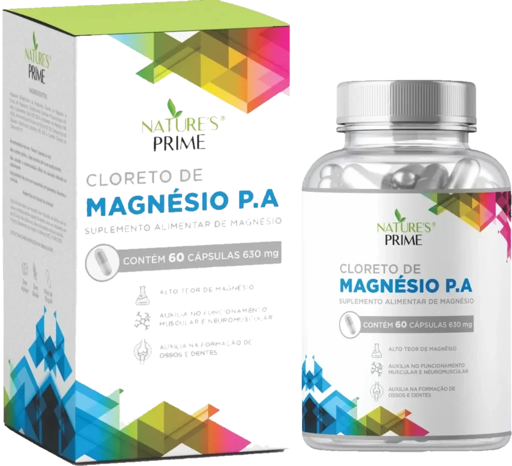 Caixa e frasco do Cloreto de Magnésio P.A da Nature's Prime, com a inscrição “suplemento alimentar de magnésio” e “contém 60 cápsulas 630 mg”