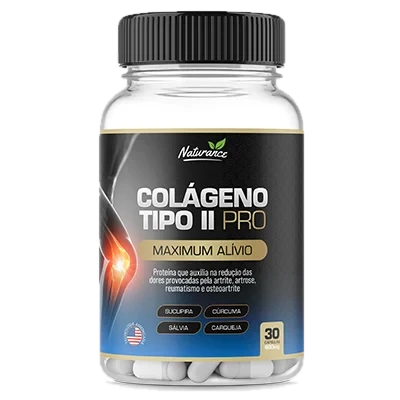 Pote preto do Colágeno Tipo II Pró Maximum Alívio, da marca Naturance, com rótulo indicando sucupira, cúrcuma, sálvia e carqueja e 30 cápsulas