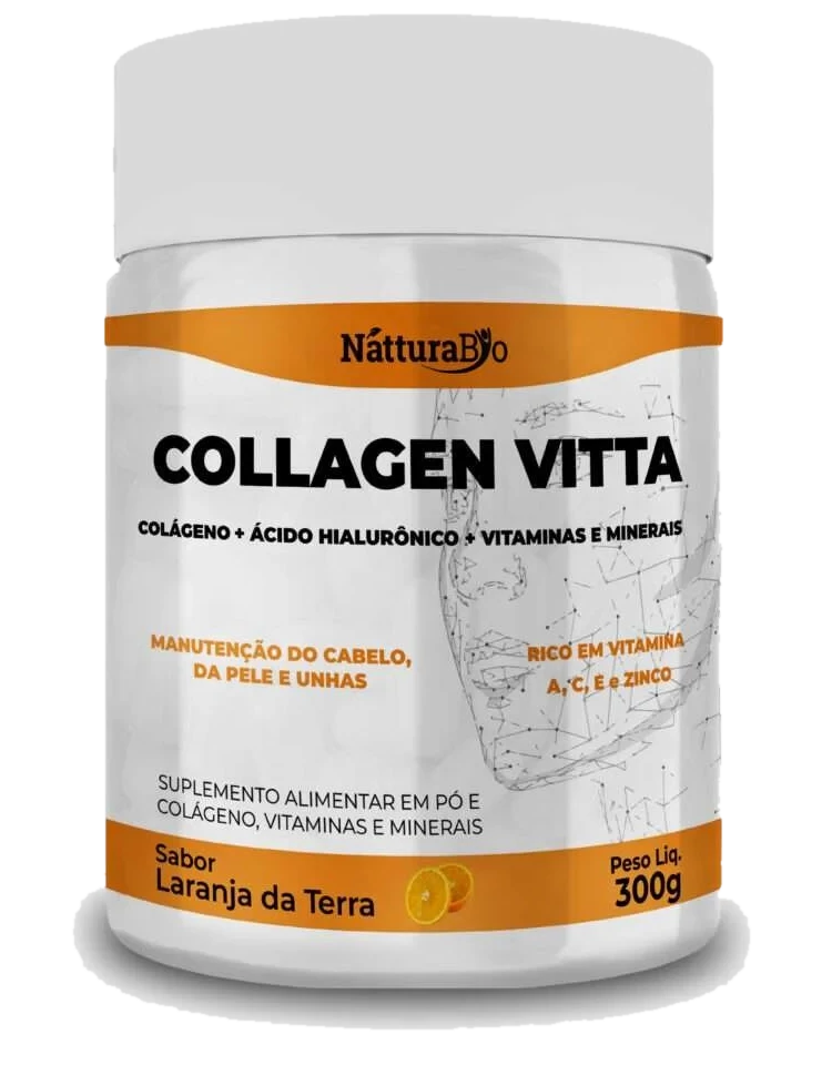 Pote de 300 g do Collagen Vitta, da Natturabio, com tampa branca e rótulo laranja, sabor laranja da terra, escrito colágeno, ácido hialurônico, vitaminas e minerais