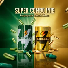 Arte do Super Combo INIB com dois potes, INIB Detox verde e INIB Gold dourado, cercados de cápsulas
