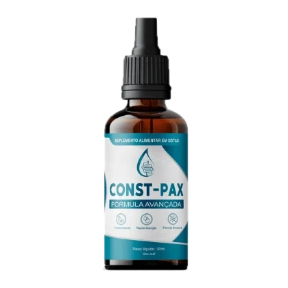 Frasco conta-gotas de vidro âmbar do CONST-PAX, com rótulo azul e branco escrito suplemento alimentar em gotas, fórmula avançada, 30 ml