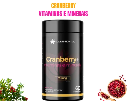 Frasco preto de Cranberry+ vitaminas e minerais, da marca Equilíbrio Vital, com 60 cápsulas e a indicação de 7,5 mg por dose, ao lado de cranberries frescas e uma colher de madeira com frutas secas
