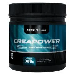 Pote preto de creatina CREAPOWER 99 Vita Mais, 100% monohidratada, 300 g, com rótulo azul