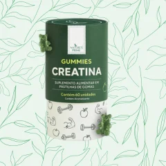Pote verde e branco com o rótulo Gummies Creatina, Nature's Prime, indicando 60 unidades de gomas, com ursinhos verdes ao redor