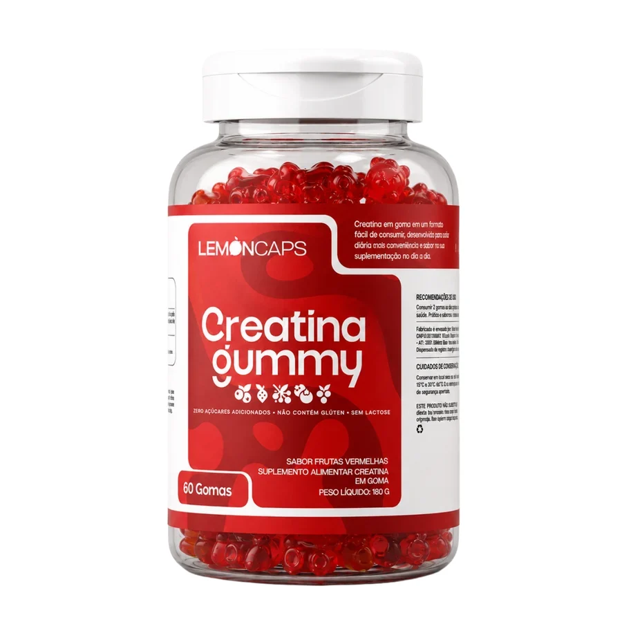 Pote vermelho da Creatina Gummy Lemoncaps, sabor frutas vermelhas, com 60 gomas e peso líquido de 180 g