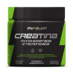 Pote de creatina monohidratada e micronizada MV Power de 300 g, com rótulo preto e verde