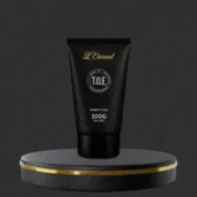 Bisnaga preta do creme TOE da L'Eternel, de 100 g, sobre um pedestal escuro com detalhe dourado