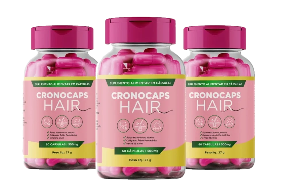 Três potes rosa do Cronocaps Hair, suplemento em cápsulas, com rótulo de 60 cápsulas de 500 mg e peso líquido de 27 g