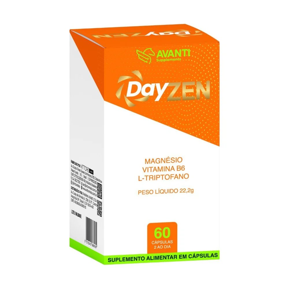 Caixa do suplemento DayZen Calmante da Avanti Supplements, em laranja e branco, com a indicação de 60 cápsulas e 2 ao dia