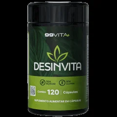Frasco preto do suplemento Desinvita, da marca 99Vita+, com 120 cápsulas e selos sem açúcar e sem glúten