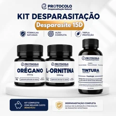 Kit Desparasitação Desparasite 15D com três frascos: orégano 200 mg, L-ornitina 500 mg e tintura, sobre fundo claro com a marca Protocolo