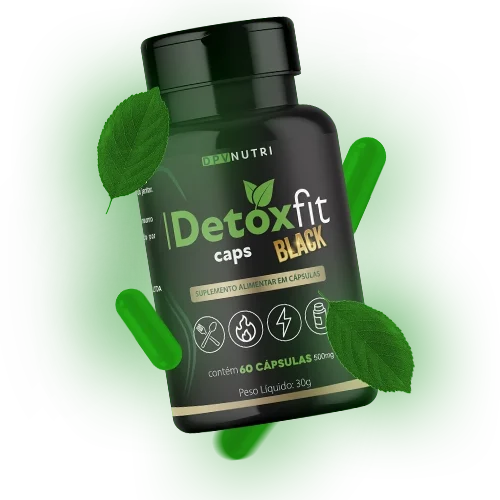 Pote preto do Detox Fit Caps Black com 60 cápsulas de 500 mg, cercado por folhas verdes e cápsulas