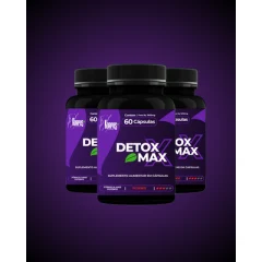 Três frascos roxos e pretos do suplemento Detox Max, da Korpus da Amazônia, com a indicação de 60 cápsulas