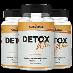 Três potes do suplemento Detox Win, da Transfornutri, brancos com tampa laranja e a indicação de 60 cápsulas