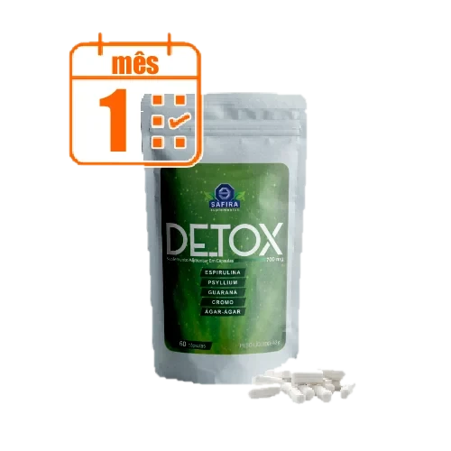 Sachê do Detox 500 mg, da Safira Suplementos, com 60 cápsulas, com a lista espirulina, psyllium, guaraná, cromo e ágar-ágar e um selo de 1 mês