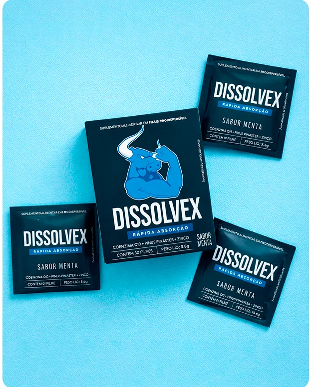 Caixa do Dissolvex, suplemento em filme orodispersível sabor menta com 30 filmes, cercada por três sachês individuais, sobre fundo azul