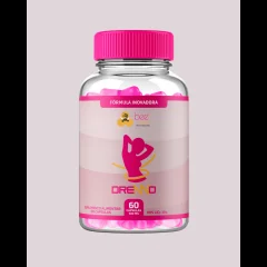 Frasco rosa de suplemento com rótulo Drenno e a indicação de 60 cápsulas, sobre fundo rosa claro