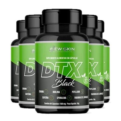 Cinco frascos pretos e verdes do suplemento Dtx Black, da New Skin, com os ingredientes cromo, inulina, psyllium, cafeína, spirulina e farinha de linhaça no rótulo