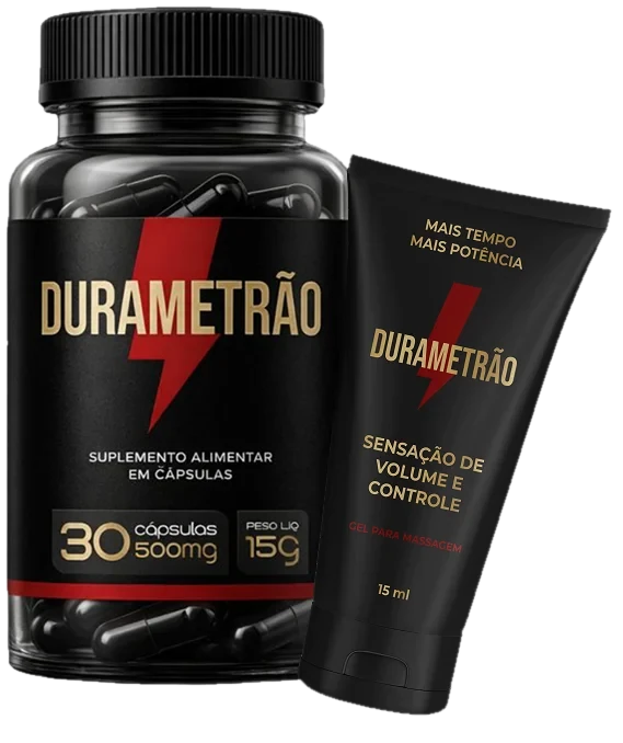 Frasco preto com 30 cápsulas de 500 mg do Durametrão ao lado do tubo preto de gel para massagem de 15 ml