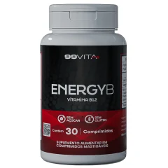 Pote preto e vermelho do suplemento EnergyB, da 99VITA+, com a indicação de vitamina B12 e 30 comprimidos