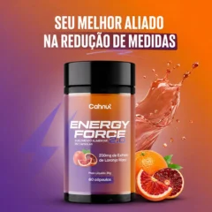 Frasco preto do Energy Force 2.0 da Cahnut com rótulo laranja, ao lado de laranjas moro e respingos de suco, com a frase "seu melhor aliado na redução de medidas"