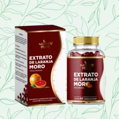 Caixa e frasco do Extrato de Laranja Moro da Nature's Prime, com a indicação de 60 cápsulas, sobre fundo de folhas