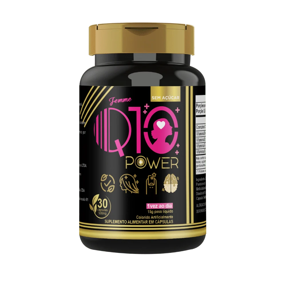 Pote preto e dourado do Femme Q10 Power, com 30 cápsulas de 500 mg, escrito 1 vez ao dia e ícones de cabelo, unha e cérebro