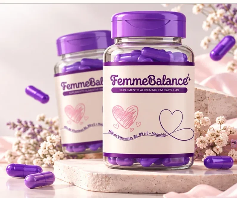 Dois frascos roxos de cápsulas FemmeBalance, com rótulo bege e coração desenhado, cercados por flores brancas e cápsulas roxas soltas