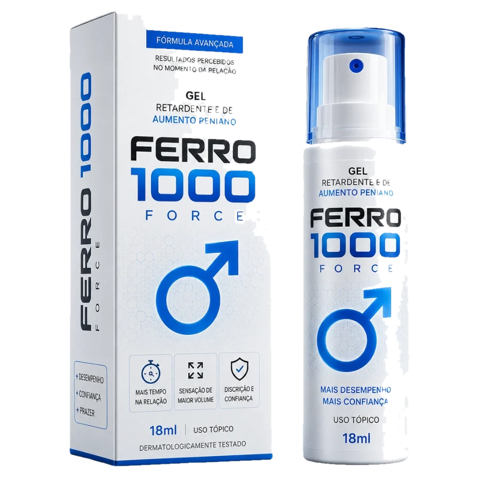 Caixa e frasco spray de 18 ml do gel Ferro 1000 Force, com a inscrição gel retardante e de aumento peniano, sobre fundo branco