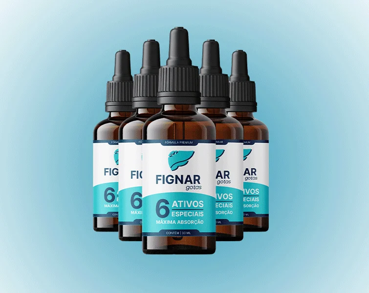 Cinco frascos escuros com conta-gotas do Fignar Gotas, rótulo branco e azul-turquesa com a frase 6 ativos especiais, máxima absorção, 30 ml