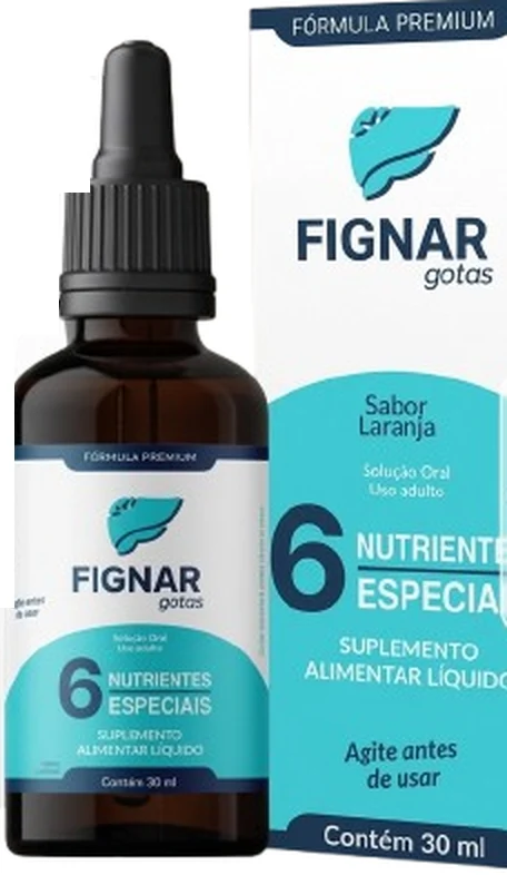 Frasco conta-gotas escuro e caixa azul-turquesa do Fignar Gotas, com a inscrição 6 nutrientes especiais, suplemento alimentar líquido, 30 ml, sabor laranja