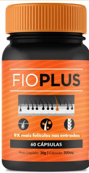 Frasco preto com tampa laranja do FIO PLUS, rótulo laranja com 60 cápsulas, peso líquido de 30 g e cápsula de 500 mg