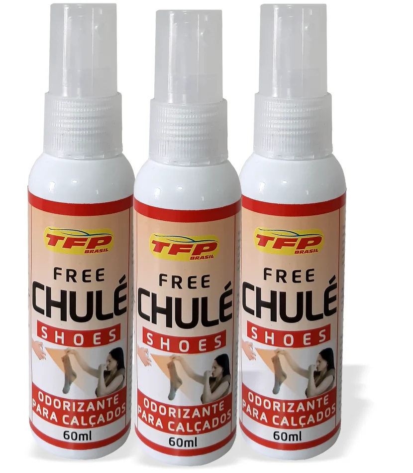 Três frascos spray de 60 ml do Free Chulé Shoes, odorizante para calçados da TFP Brasil, com rótulo bege e vermelho