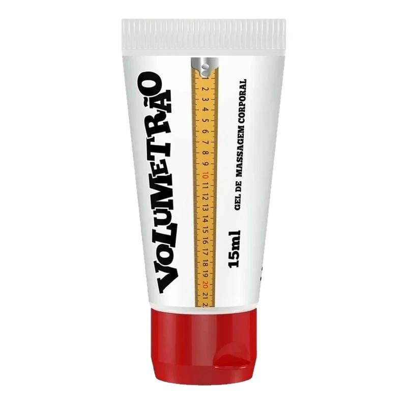 Tubo branco de 15 ml com tampa vermelha do Gel Volumetrão, com a indicação gel de massagem corporal e uma régua amarela desenhada na embalagem