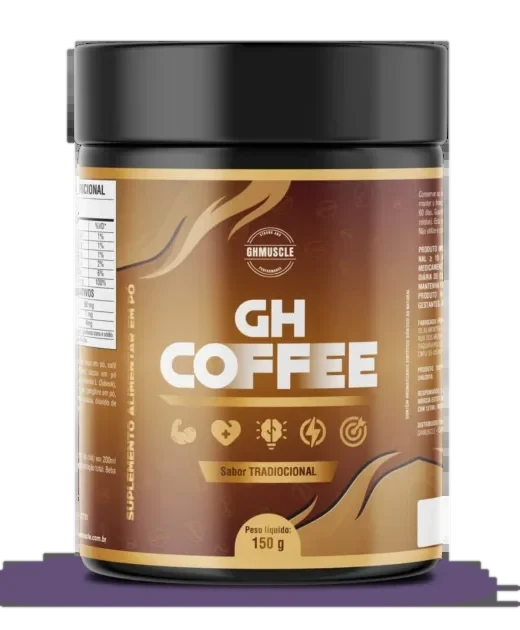 Pote do GH Coffee Original, sabor tradicional, com tampa preta e rótulo marrom e dourado e a indicação de peso líquido de 150 g