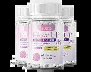 Três potes brancos de GlowUp Hialurônico, suplemento alimentar em cápsulas de 500 mg com colágeno hidrolisado, 60 cápsulas por pote