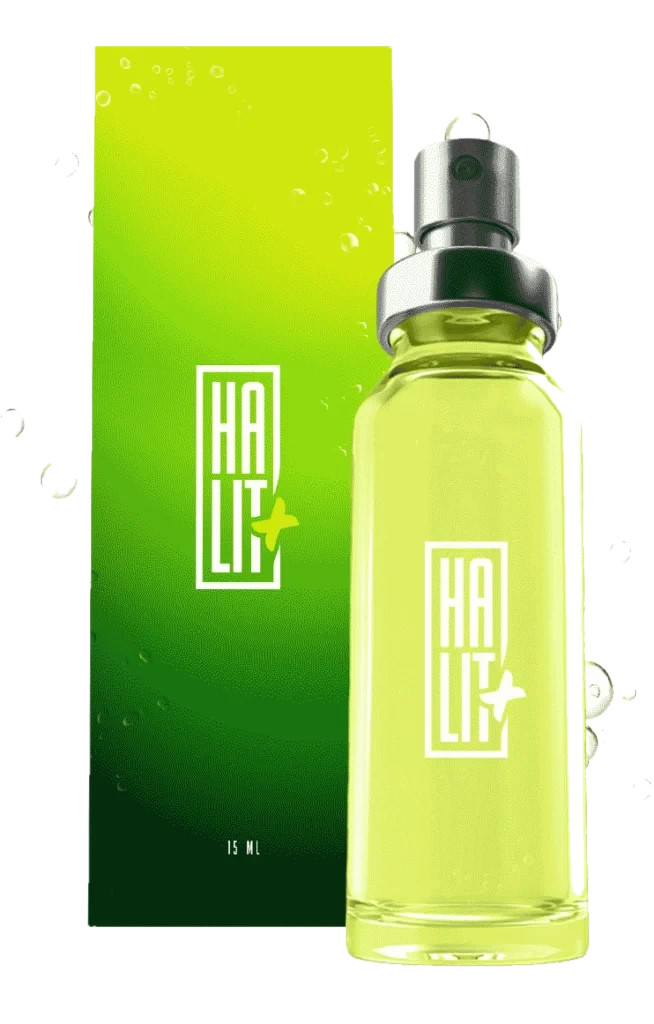 Frasco de vidro verde-amarelado com válvula spray prateada e caixa verde com a marca Halit+ e a indicação de 15 ml