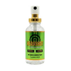 Frasco de vidro com tampa spray dourada do suplemento HeadShot for Gamers, 30 ml, com rótulo verde e alvo desenhado