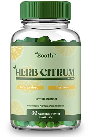 Pote transparente de HerbCitrum, marca Sooth, suplemento alimentar com 30 cápsulas de 500 mg, tampa verde e rótulo com laranja moro e psyllium