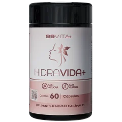 Frasco preto do suplemento HidraVida+ da marca 99VITA+ com rótulo rosa, 60 cápsulas, selos sem açúcar e sem glúten