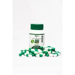 Pote verde e branco de suplemento Hiper Super Green com cápsulas verdes e brancas espalhadas ao redor