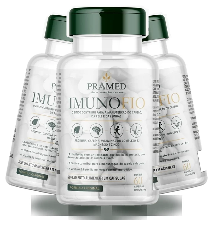 Três frascos transparentes do suplemento Imuno Fio, da Pramed, com tampa verde escura, rótulo branco e dourado e a indicação de 60 cápsulas