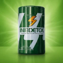 Pote verde do INIB Detox sobre fundo verde, com a frase detox em cápsulas com fórmula premium e um raio estilizado no rótulo