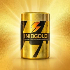 Pote dourado do INIB Gold sobre fundo dourado, com a frase inibidor de apetite com fórmula poderosa e um raio estilizado no rótulo