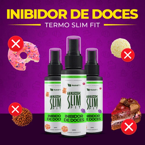 Banner do Inibidor de Doces Termo Slim Fit mostrando três frascos de spray da Nutralfit com doces riscados ao fundo