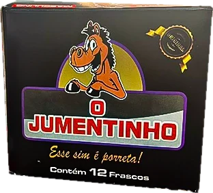 Caixa preta do Jumentinho, com um cavalo de desenho animado, o nome O Jumentinho e a frase Esse sim é porreta, contendo 12 frascos