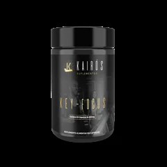 Pote preto do suplemento KEY-FOCUS, da marca Kairós Suplementos, com tampa preta e rótulo escuro com letras douradas