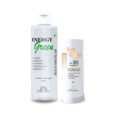 Kit com um frasco de água micelar Energy Green e um bastão de protetor solar Sun Gold Stick FPS 80 da O Benessere, o bastão da foto no tom Claro