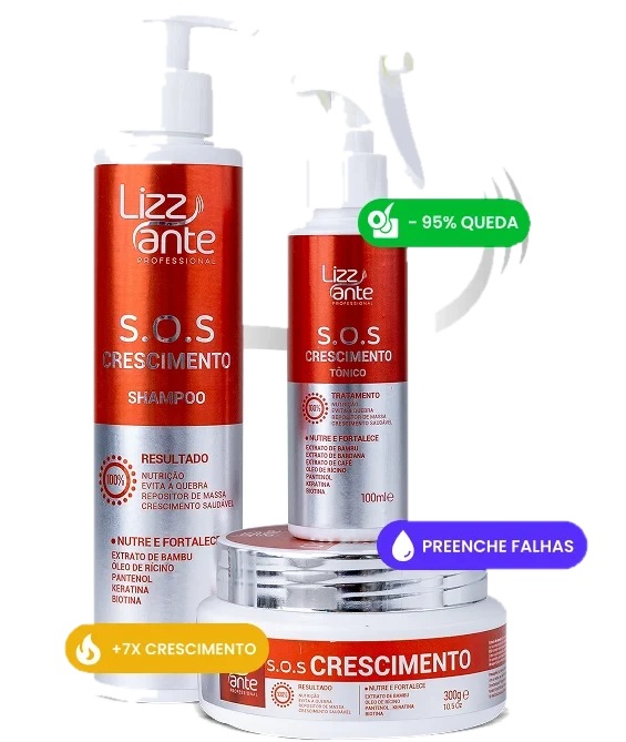 Shampoo, tônico de 100 ml e máscara de 300 g da linha S.O.S Crescimento da Lizz Ante Professional, frascos vermelhos e prateados com a lista de ativos no rótulo