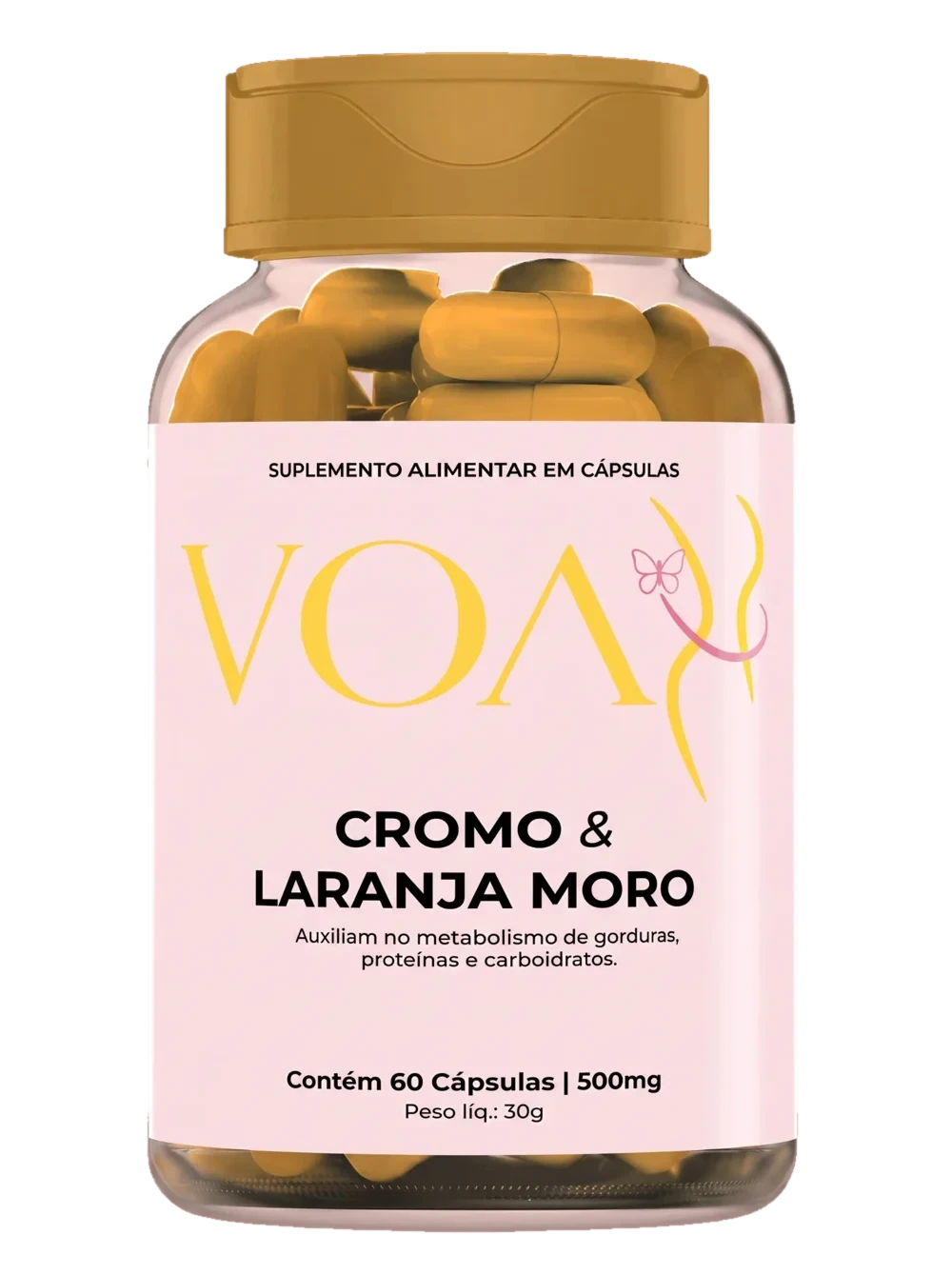 Pote transparente de VOA Cromo & Laranja Moro com 60 cápsulas amarelas, rótulo rosa com o nome do produto e a frase sobre o metabolismo